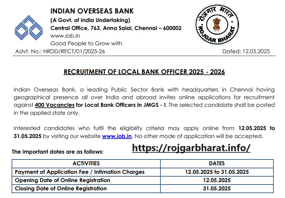 Indian Overseas Bank Local Bank Officers JMGS I Recruitment 2025
